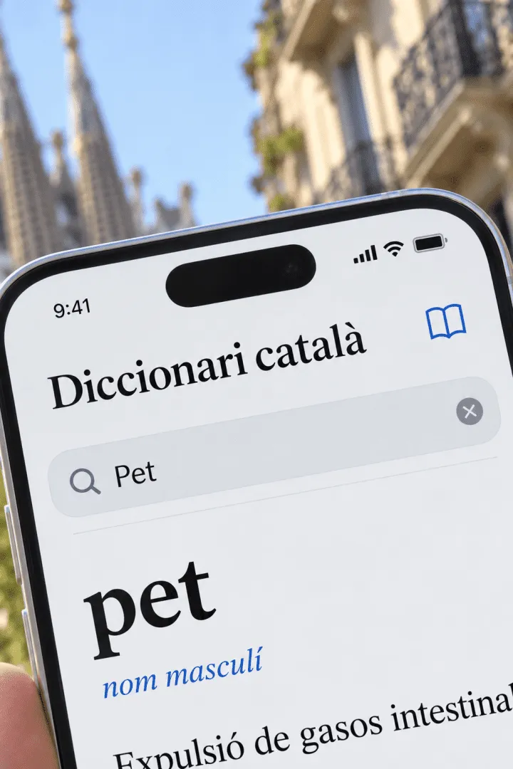 Petsolt its a Catalan Name - hero cropped - Petsolt Family iPhone showing a Catalan dictionary entry for pet, held up against a blurred Barcelona street