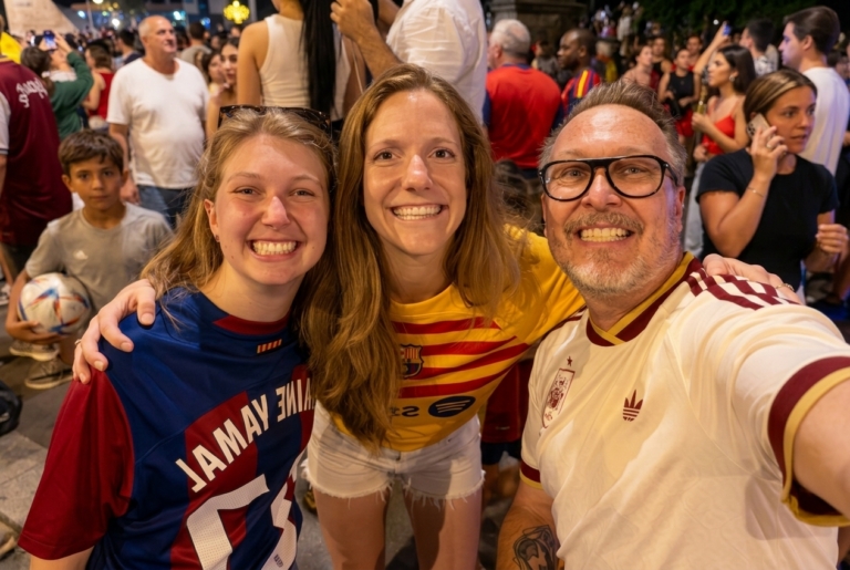 Reduce noise make faces clearer - Petsolt Family Three friends take a selfie in a crowded street crowd, all smiling and wearing colorful sports jerseys.