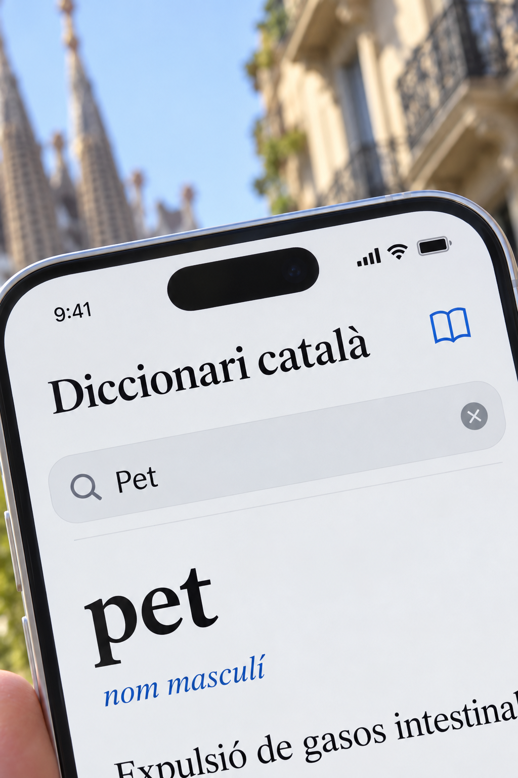 iPhone showing a Catalan dictionary entry for pet, held up against a blurred Barcelona street
